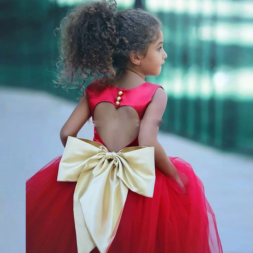 Gold Bow Red flower girl dresses Heart Hollow African kids evening