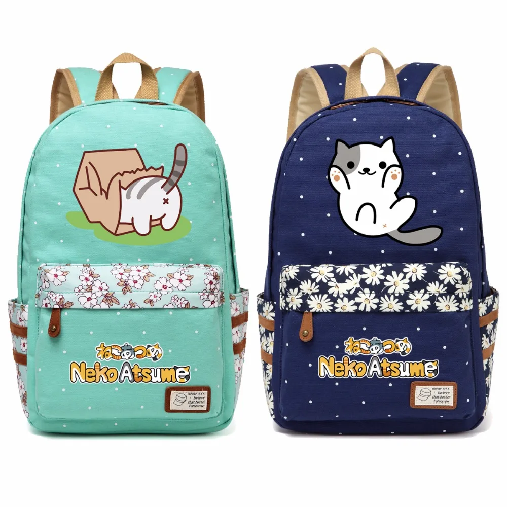 WISHOT Neko Atsume Canvas bag Flowers wave point backpack travel Shoulder Bag lovely cute cat