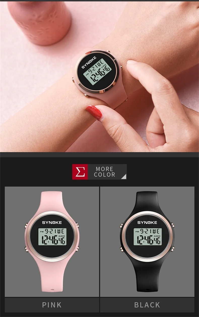 SYNOKE Women Sport Watch Pink Silicone Digital Candy Color Alarm Chronograph Multifunction Fashion Gril Wristwatch