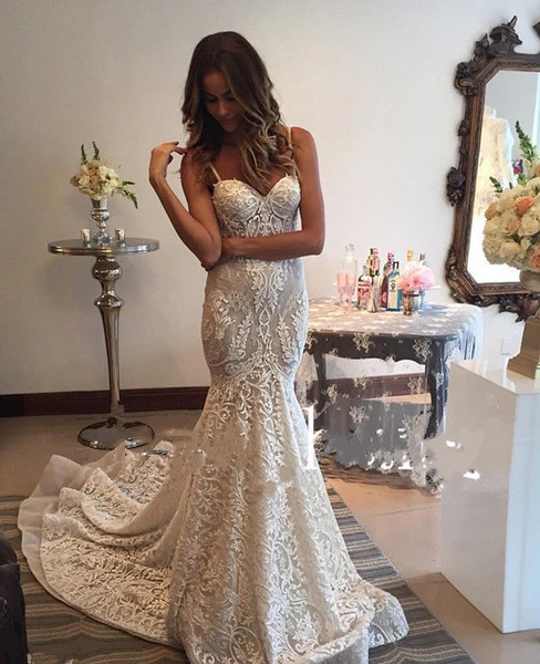 Berta Lace Mermaid Backless Wedding Dresses 2017 Appliqued Sexy Spaghetti Neckline Counrt Train Bridal Gowns Plus Size Wedding Dress