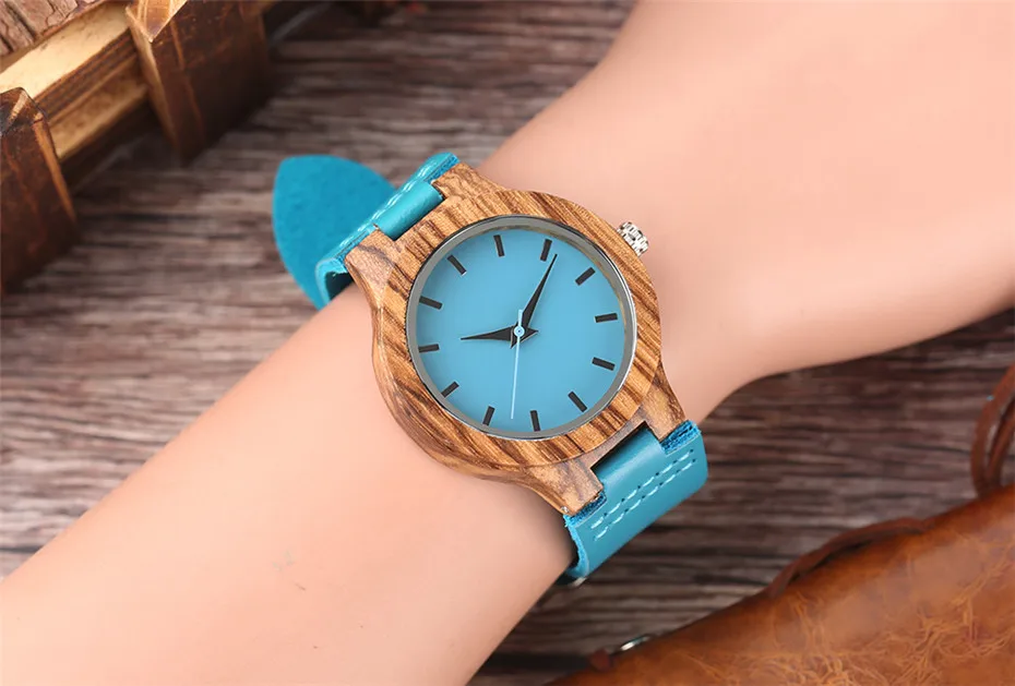 YISUYA Creative Women Watches Blue Genuine Leather Band Modern Minimalist Zebra Wooden Bamboo Ladies Watch Casual Clock Gift (6)