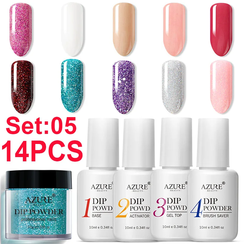 

AZURE BEAUTY 14Pcs/Lot Dipping Powder Gradient Color Nail Powder Base Top Coat Gel Kits Shiny Glitter Dip Powder Nail Art Set