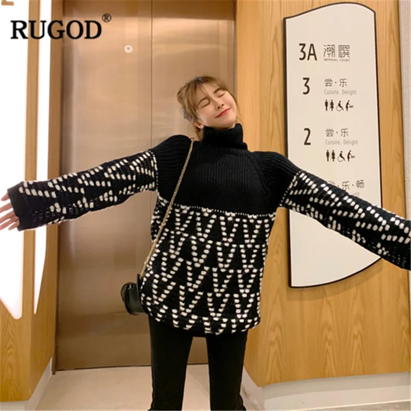 

RUGOD Warm winter Turtleneck Knitted sweater women Fashion Stripe long sleeve Pullovers jumper office lady dames wintertrui