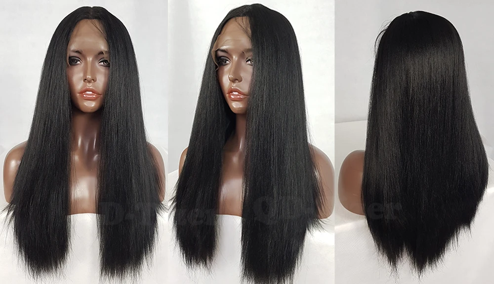 QD-Tizer Long Yaki Hair Black Color Straight Synthetic Lace Front Wigs with Baby Hair Light Yaki Hair Wigs for Women7