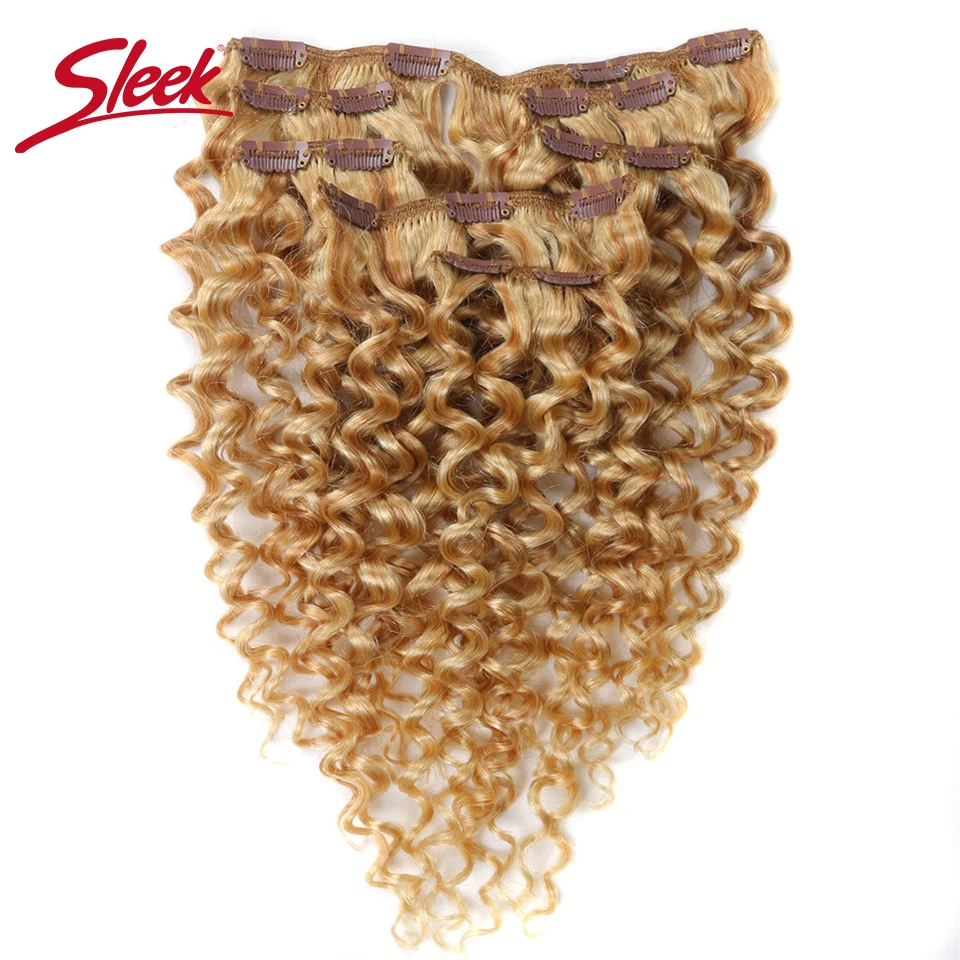 

Sleek Hair 7Pcs Clip in Human Hair Extension Brazilian Jerry Curly Honey Blonde #P27/613 Color Remy Hair Extension Clip