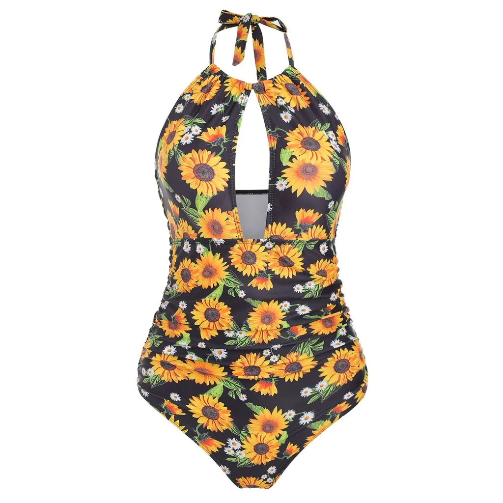 

bathing suit women One Piece Sunflower Printed Swimwear Backless Tummy Control Monokini Swimsuits maillot de bain femme 2019