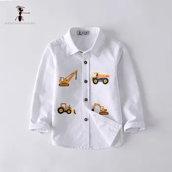 

Kung Fu Ant Casual Boys Shirts Oxford Textile Cotton White Shirts Pockets Turn-down Collar Children's Clothing Printing Car