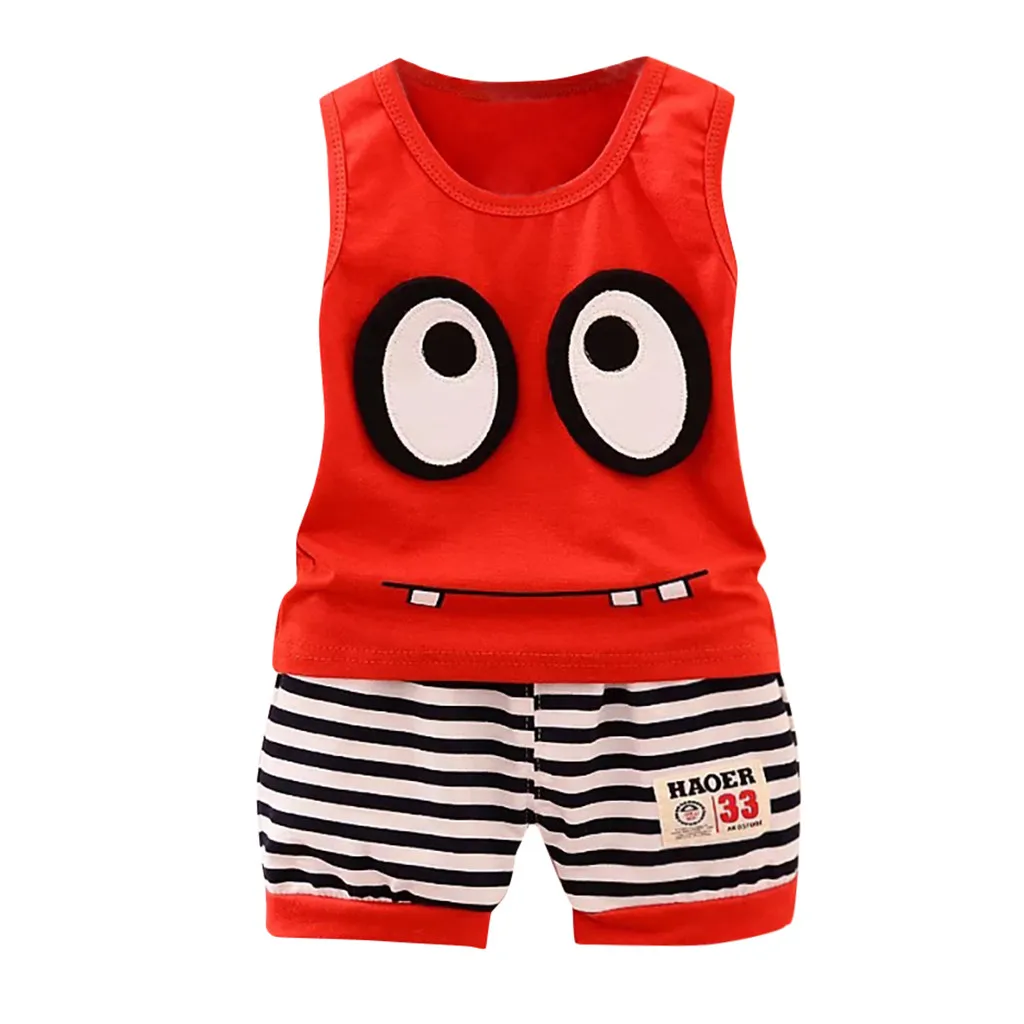 

New Fashion Active Summer Baby Kids Boys Cartoon Eyes T-shirt Tops+Stripe Pants Outfits Set Wholesale Free Ship Z4