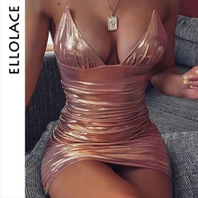 Ellolace Спагетти Ремни V-образным Вырезом Сексуальный Блестящий Bodycon Мини-Платье Осень Женщины Лучший!