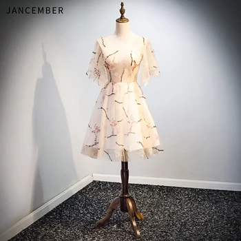 

JANCEMBER 2019 Latest Light Luxury Cocktail Dresses Tulle Short Sleeve V Neck Backless Lace Up Back Applique vestido de coctel