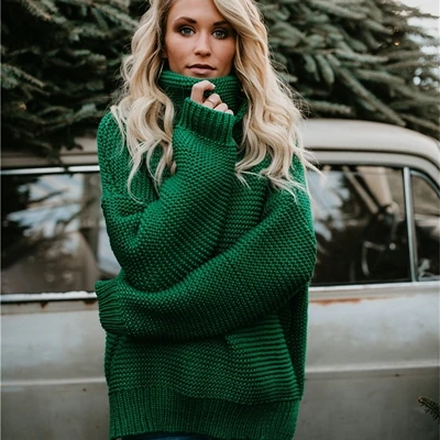 Осенне-зимний вязаный свитер с высоким воротом, Женский однотонный Повседневный Свободный пуловер с длинным рукавом, женский теплый вязаный джемпер - Цвет: green
