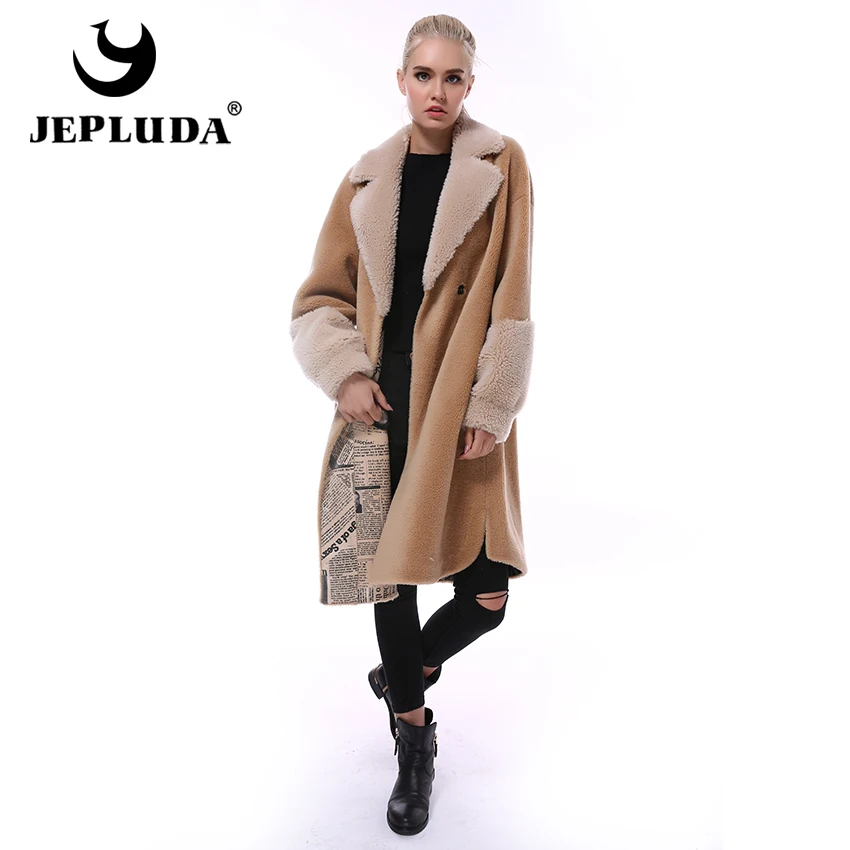 

JEPLUDA Fashion Teddy Bear Icon Women Coat Natural Wool Blends Thick Warm Real Fur Coat Winter Nice Long Real Sheep Fur Jacket