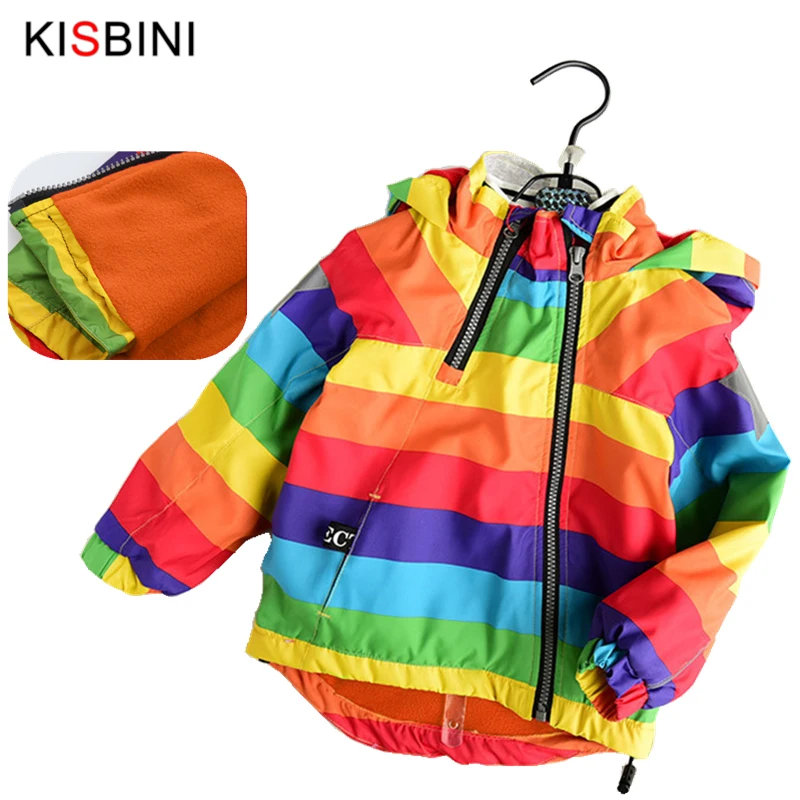 KISBINI/куртки для мальчиков и девочек осенне-зимние плотные флисовые пальто ветровка с капюшоном в радужную полоску для девочек от 2 до 5 лет