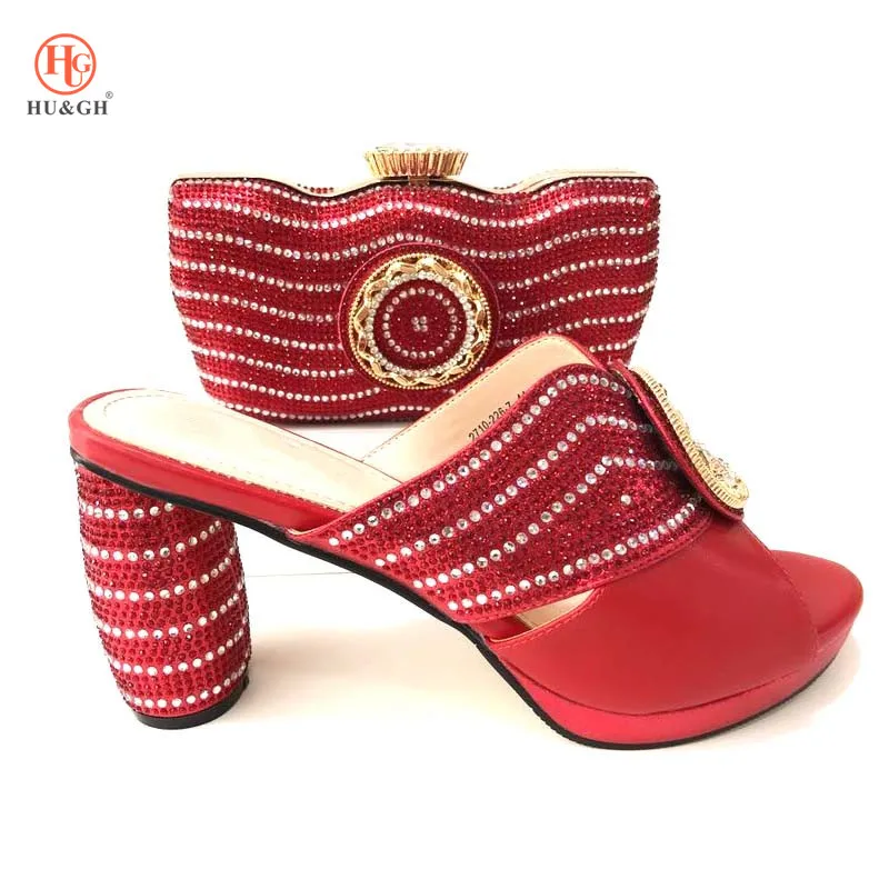 

African Wedding Style Nice Looking Full Rhinestone Shoe And Bag Set Nigerian Summer Red Color Pumps Party Shoes And Matching Bag