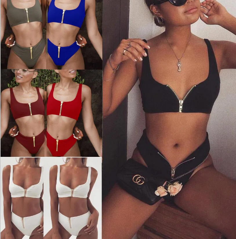 

Swimwear Female 2018 Bikinis Bathing Suit Women Swim Swimsuit New Summer Clothes For 6 Color Ladies Solid High Waist Zipper
