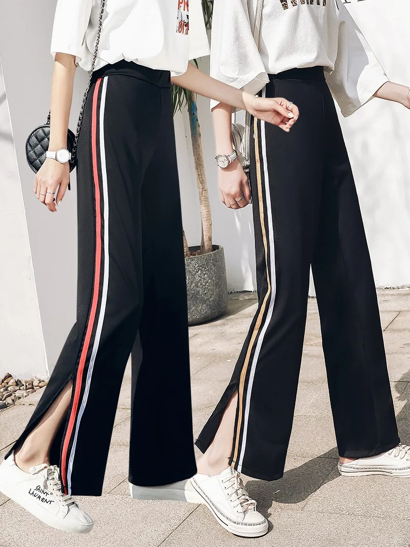 Брюки женские летние трендовые корейский стиль Harajuku Ulzzang однотонные Высококачественные мягкие свободные женские s брюки шикарные повседневные с боковой полосой
