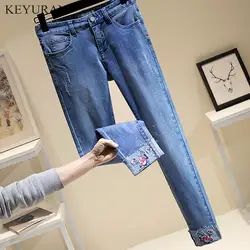 Плюс Размеры L-4XL Винтаж цветок вышивка женский карманов джинсы Для женщин сезон: весна–лето низ синий Повседневное джинсовые
