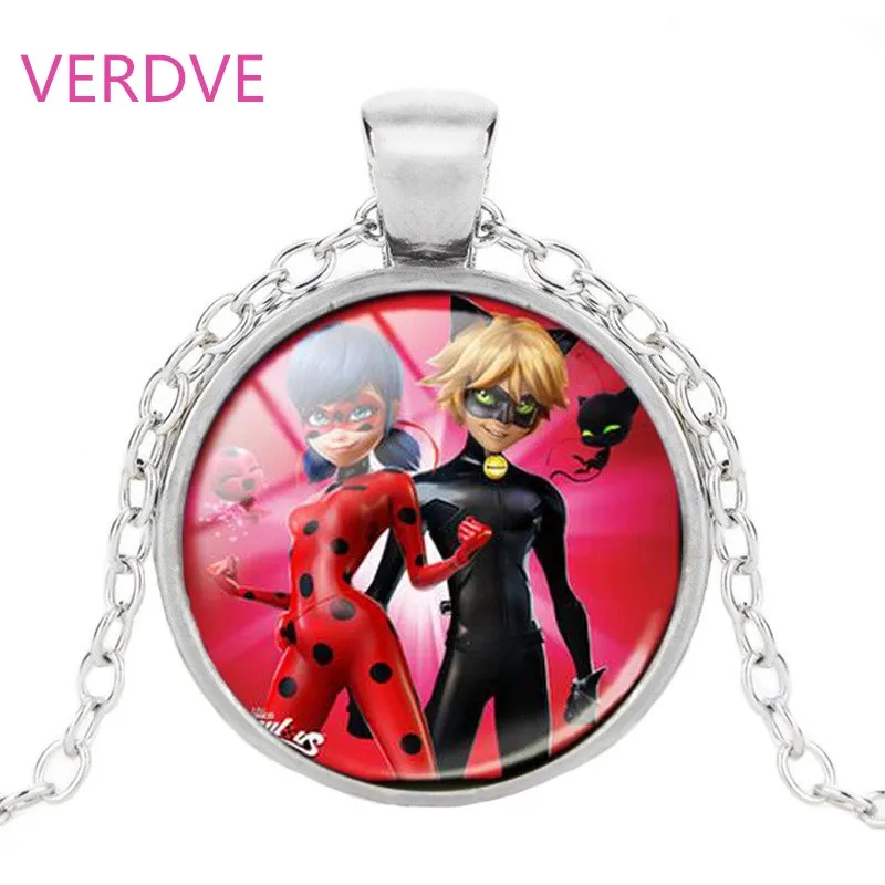 

New Cartoon The Lady Bug Fashion Photo Pendant Necklace Jewelry 25mm Crystal Dome Long Chain Necklace For Children