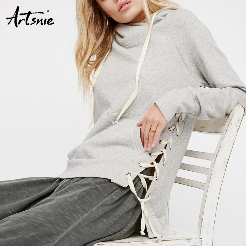 

Artsnie Streetwear Lace Up Knitted Pullovers Women Autumn 2018 Long Sleeve Hoodies Sweatshirts Casual Girls Winter Jumper Femme