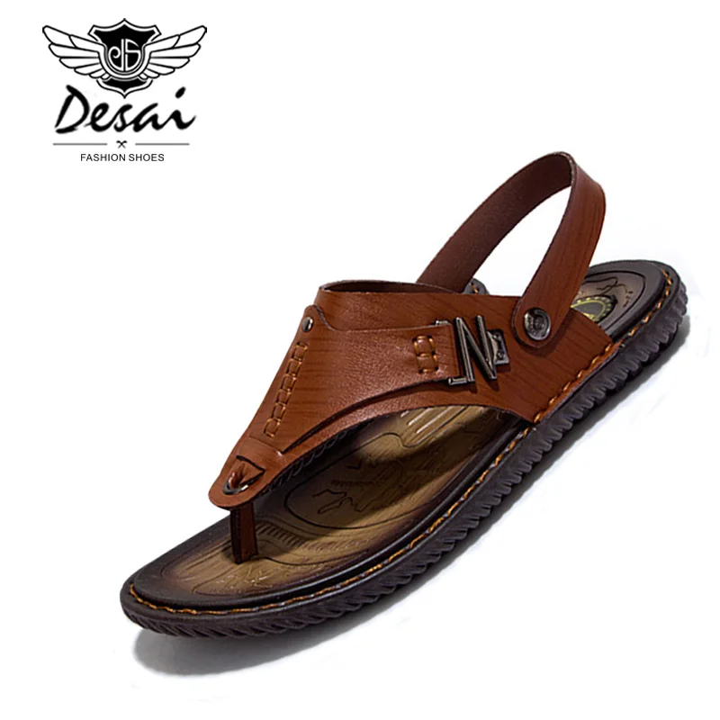 

New Summer Breathable Men's Sandals Handmade Hollow Split Leather Slippers Fashion Casual Beach Shoes Men Outdoor Slippers