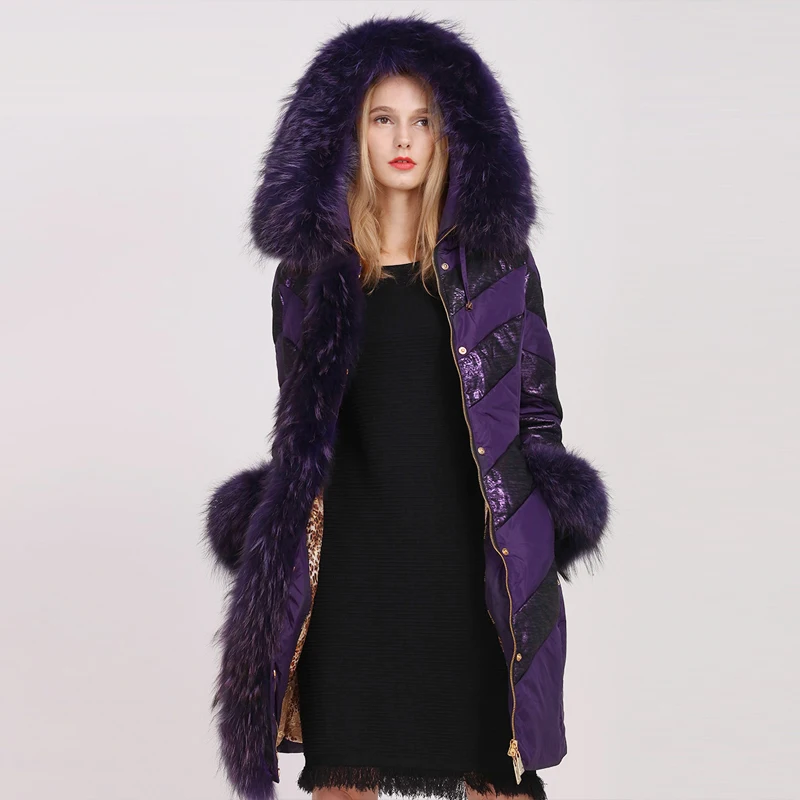 Новинка года, Модные Винтажные роскошные женские зимние длинные пуховики с большим воротником из лисьего меха, женское теплое пуховое пальто, приталенное, PQ106