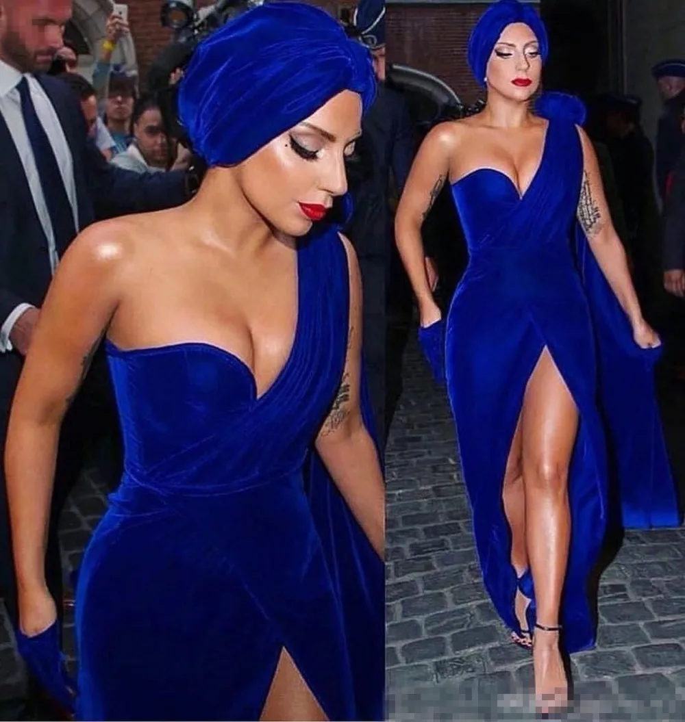 

Royal Blue Mermaid Evening Dresses 2019 One Shoulder High Slit Floor Length Velvet Long Formal Prom Red Carpet Gowns Cheap