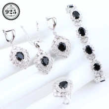 Черный кубический цирконий Свадебные серебряные 925 Свадебные Комплекты украшений для женщин драгоценные серьги к костюму кольцо ожерелье набор подарочная коробка