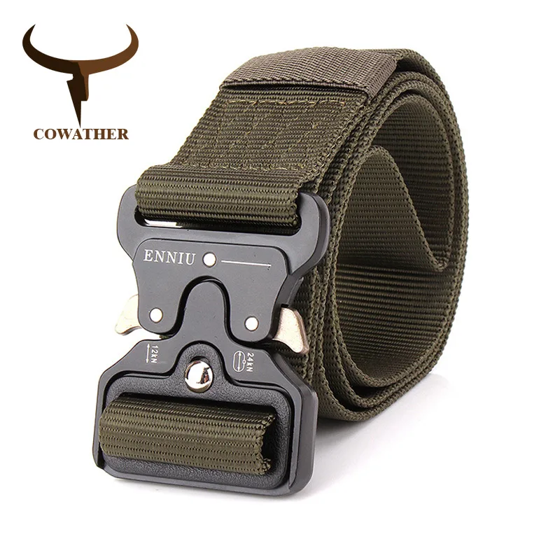 COWATHER nylon belt luxury men belts military outdoor tactical male strap jeans waistband new belt for men fashion metal buckle - Color: NY005 Green
