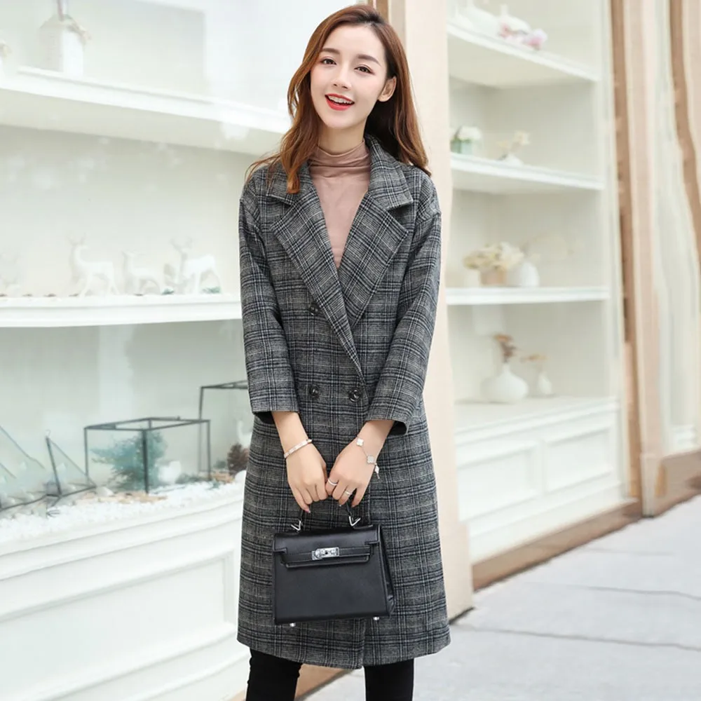 Винтажное клетчатое шерстяное пальто для женщин зима модная теплая свободная флисовая верхняя одежда корейское уличное повседневное пальто для женщин - Цвет: Серый
