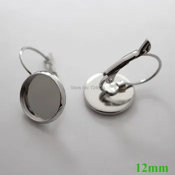 

12mm Silver plated Blank Ear Clip Bases Round Cabochon Bezel Tray French Wire Hook Earrings Settings Crafts Findings Wholesale