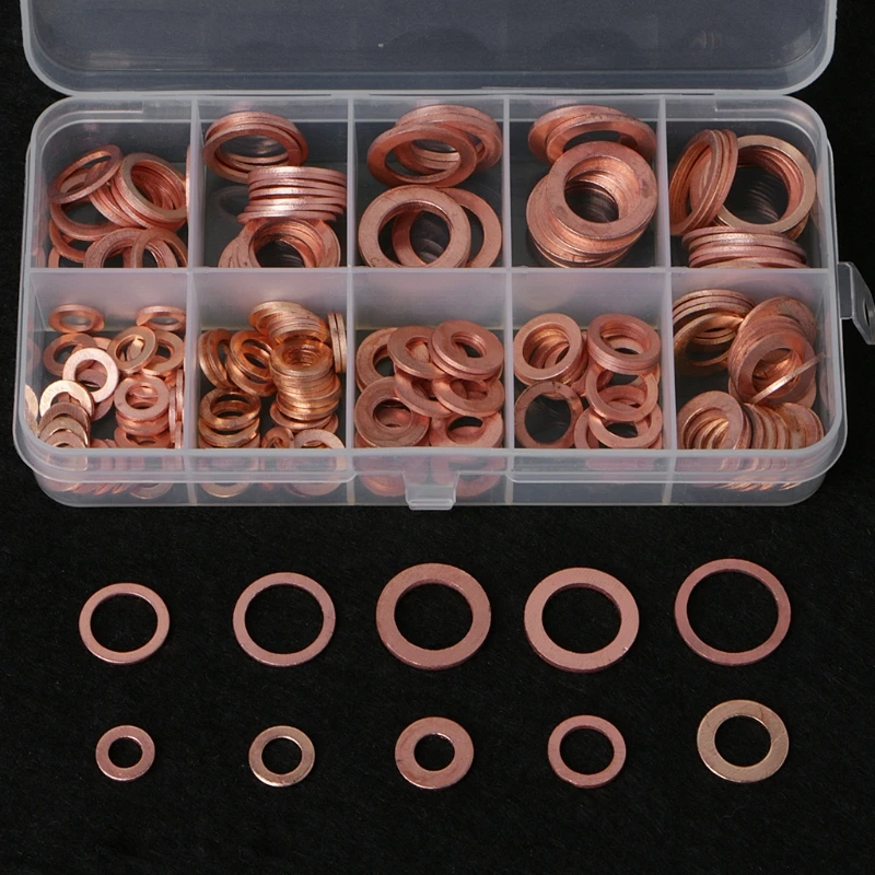 

New High Quality 200PCS Copper Washers Gasket Set 9 Sizes Flat Ring Seal Kit With Plastic Box