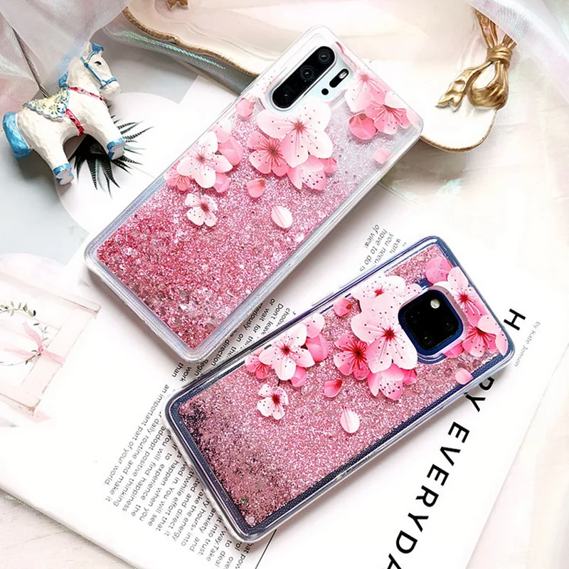 

Shockproof Pink Glitter Quicksand Flower Soft Case For Huawei P20 P30 P Smart Y9 2019 2018 Mate 20 Pro Lite Cover Capa Coque