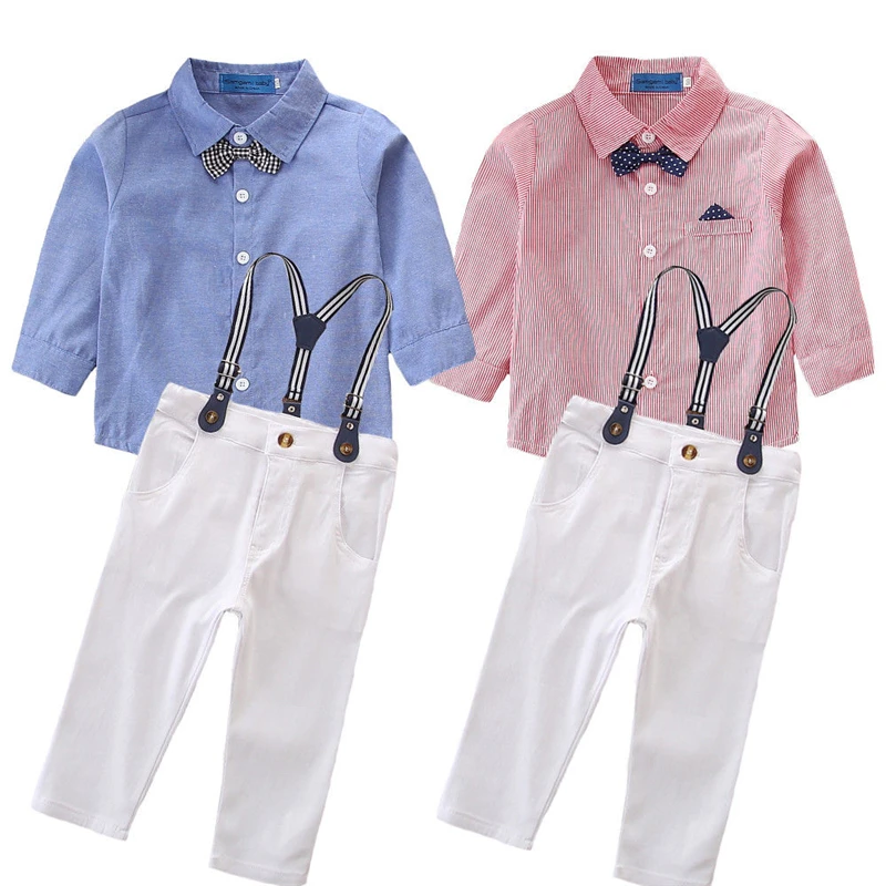 

2PCS Baby Boys Gentleman Shirt Clothes Set Autumn/Spring Formal Bow Tie Shirt Blouse Tops+Bib Braces Pants Overalls Outfits Sets