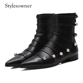 

Stylesowner Top Design New Arrival 2018 Korean Style with Pearl Ankle Boots Pointed Toe Genuine Leather Mature Zipper Boots