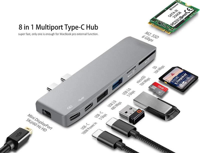 LTGEM type-C USB 3,0 USB 2,0 type-C DUO док-станция с 3* USB+ 5K DP+ SSD+ жесткий диск+ UHS-I SD/TF ридер+ PD адаптер для Macbook Pro