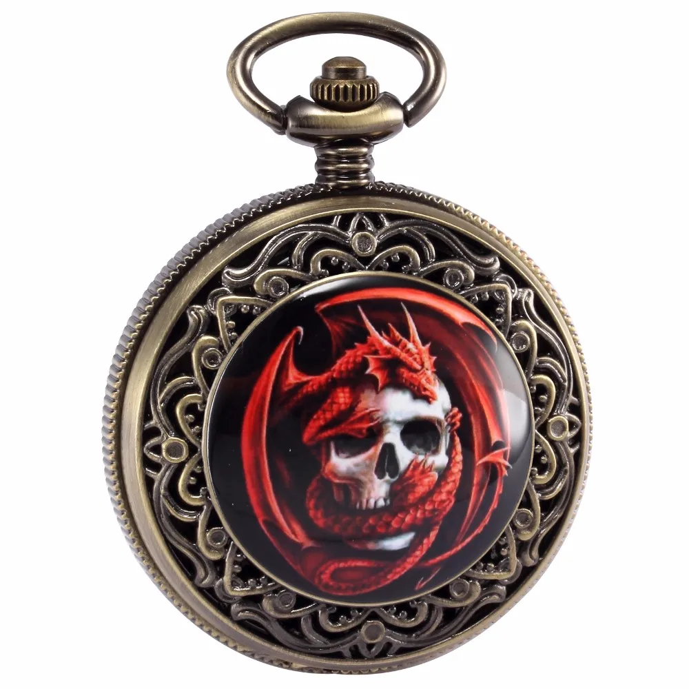 

Vintage Bronze Red Grim Ghost Skull Case Hunter Quartz Men Gents Craft Pendant Fob Chain Clip Pocket Watch Jewelry Clock /WPK172