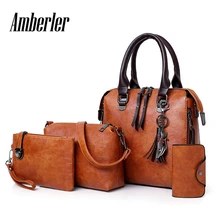 Amberler, женские Сумки из искусственной кожи, сумки на плечо, Женская вместительная Повседневная сумка, комплект из 4 вещей, сумка-тоут, сумочки с кисточкой и сумочки