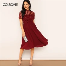 COLROVIE бургундское однотонное Сетчатое платье с цветочной аппликацией, элегантное женское платье, лето, корейское расклешенное платье миди с коротким рукавом