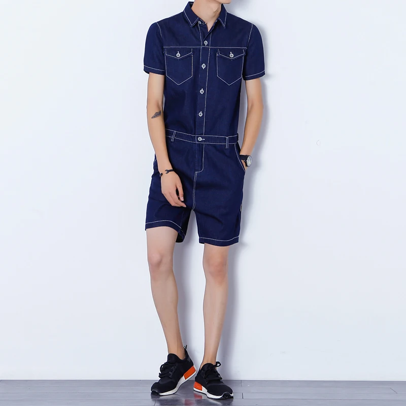 Mens Overalls Denim Jeans Slim Fit Stand Collar Short Sleeve Jumpsuit Romper Short Pants 2017
