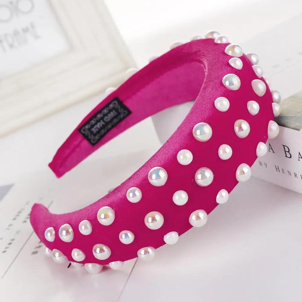 

2019 women Elegant Thick Velvet Pearl Headbands Wide Headwear for Girls Hair Accessories Fashion Handmade Padded Headdress