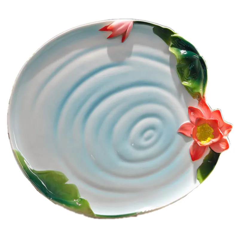 

New Color Enamel Tea Coffee Tray 3D Lotus Ceramic Drinkware Chinese Kung Fu Tea Set Free shipping