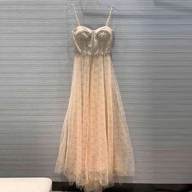 

Party Dresses KENVY Brand Fashion Women's High-end Luxury Elegant Slim Summer Diamond Sexy Mesh Straps Maxi Dress