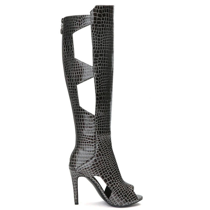Mujer Botas La Altas Las Toe Negro Recortes Más Mujeres Peep Zapatos Kcenid Alto Rodilla Sexy Larga Tacón De Moda Hasta 2019 Pu Serpiente Primavera CxwqWRA60