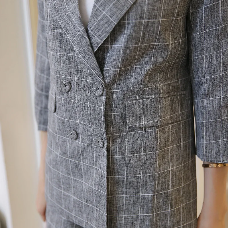 Summer Women Tracksuits Two Piece Set Women Outfits:Double-breasted Blazer+shorts Cotton Linen Gray Elegant Ladies Office Suits Summer Women Tracksuits Two Piece Set Women Outfits:Double-breasted Blazer+shorts Cotton Linen Gray Elegant Ladies Office Suits