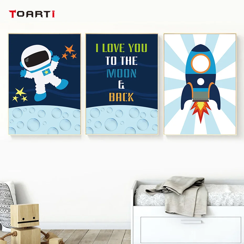 Cartoon Universe Theme Wall Art Painting Astronaut Reach For The Stars Vintage Posters&Prints Kids Bedroom Decor Nursery Picture (2)