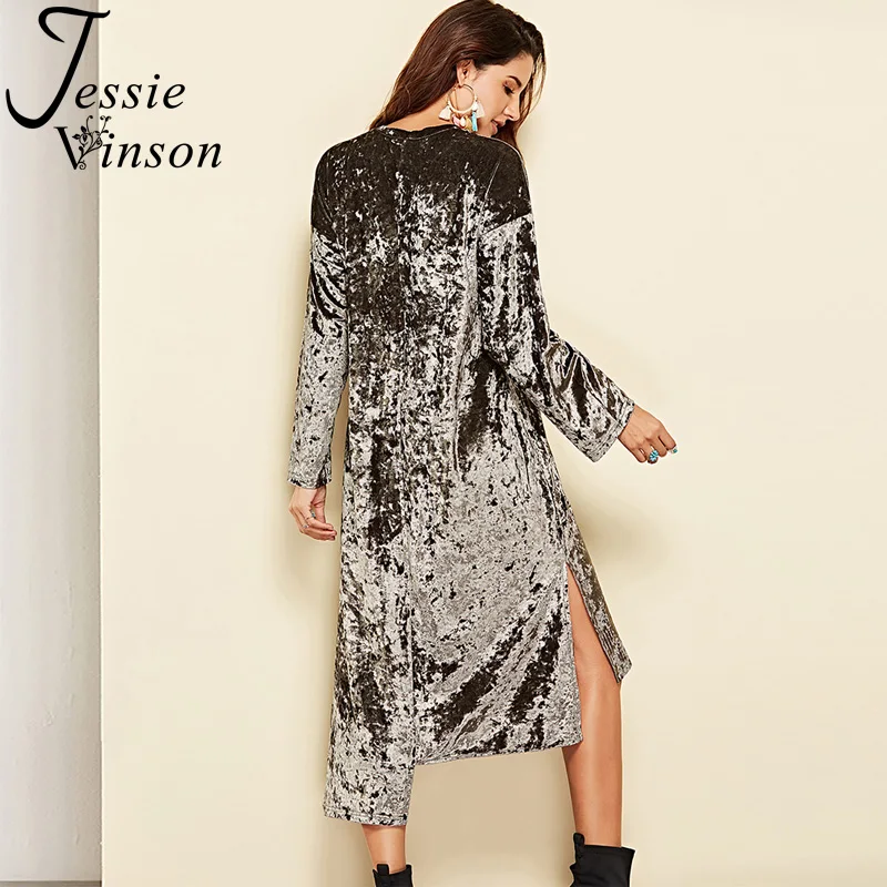 Jessie Vinson/длинное велюровое платье с длинными рукавами и высоким низким подолом