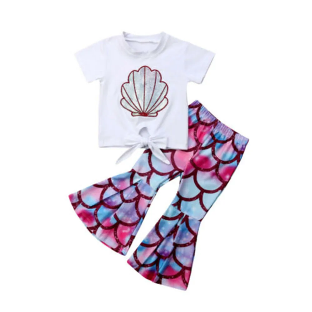 

Toddler Kids Baby Girl Summer Short sleeve Shell Print Tops T-Shirt Mermaid Wide leg Pants Leggings Outfit Set Clothes 0-5T
