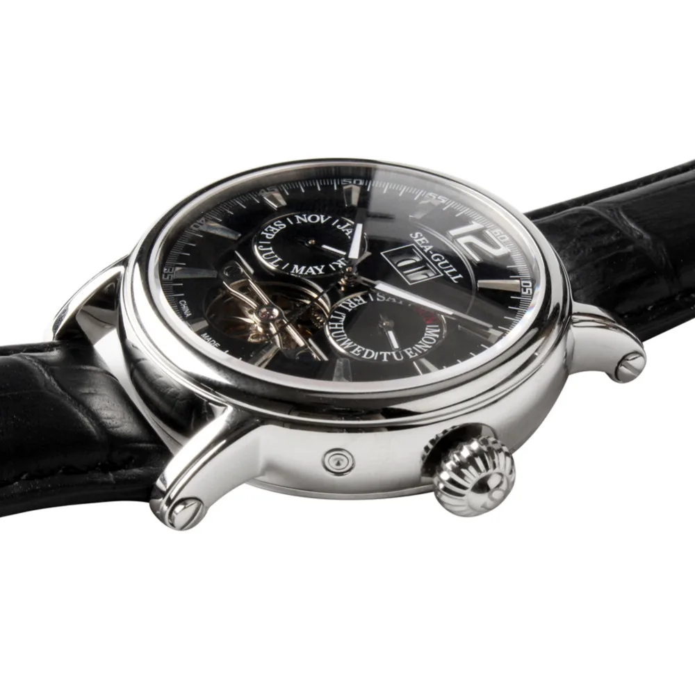 Чайка Полный календарь Grande Дата маховик Лук Корона выставка назад автоматические мужские часы Sea-gull M307S черный циферблат