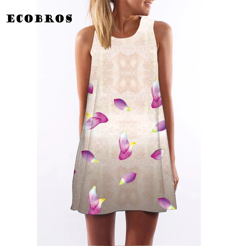 ECOBROS 2019 Woman Summer Dress casual sleeveless Loose petals print