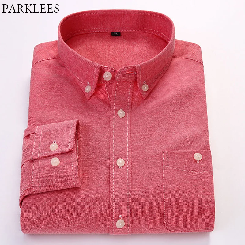 Solid Business Work Shirts Oxford Cotton Casual Slim Fit Male Red Button Down Dress Shirt Soft